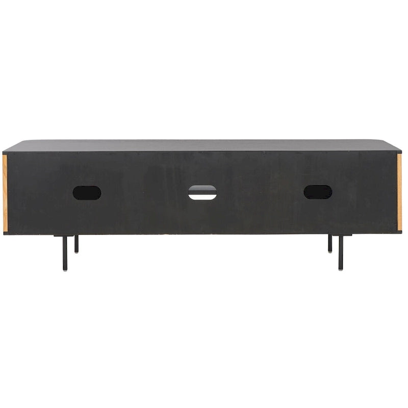 54" Slatted Wood Media Stand with 2 Doors, 2 Open Shelves and Black Metal Base