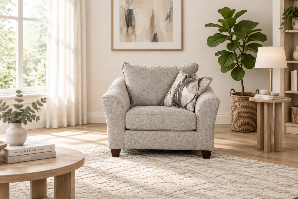 Wide angle living room scene with accent chair